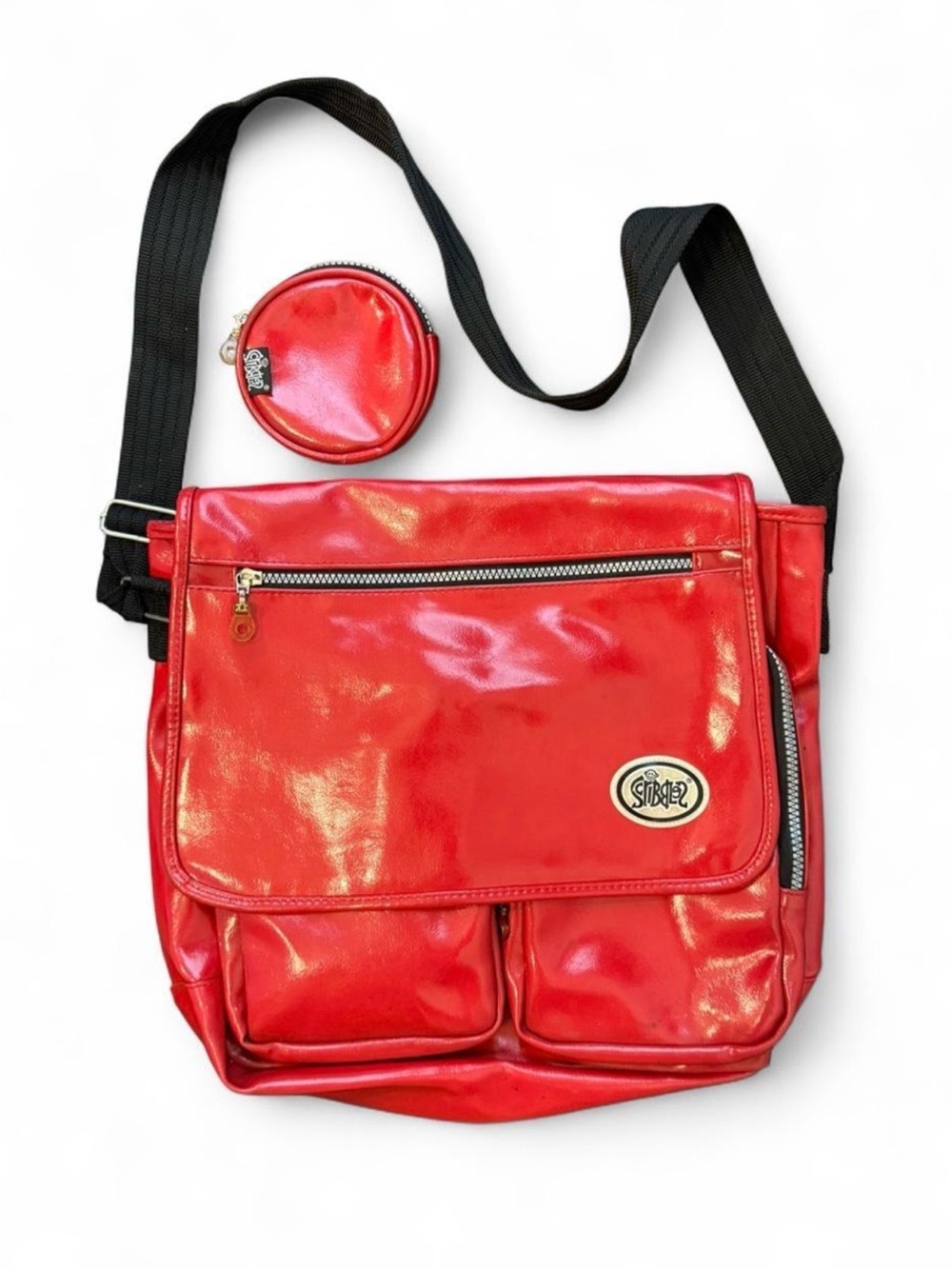SCRIBBLES Y2K red patent messenger bag. Feels like rubberized canvas, sleek